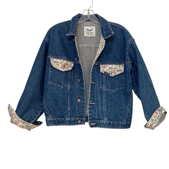 Virtue Jeans Casual Collection Denim Jacket Floral Print Pockets Lined 80s 90s M - Picture 1 of 9